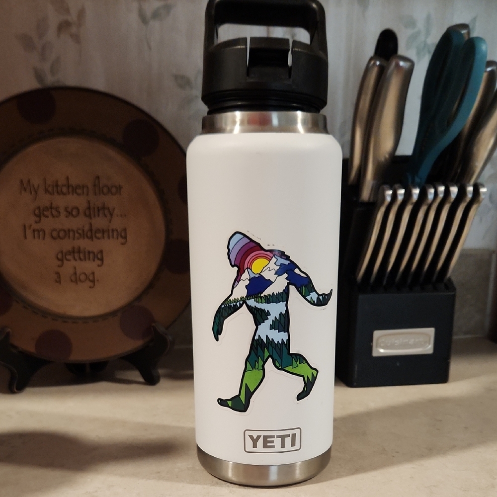 Yeti White Rambler Bottle with Colorful Sasquatch Graphic